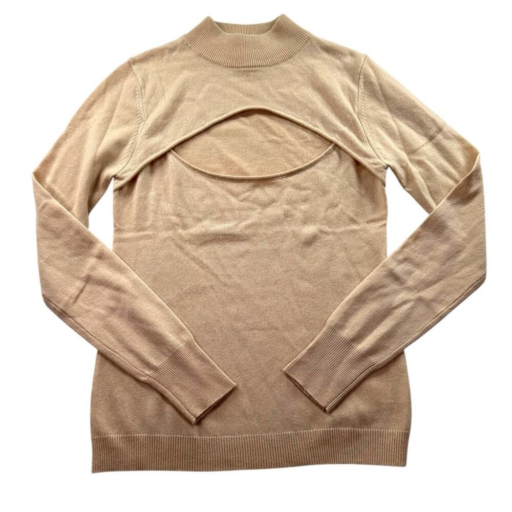 Milly Wool Cashmere Cutout Mock Neck Sweater M Tan Camel Long Sleeve Pullover